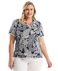Rafaella Plus Paisley Print Contrast Trim Johnny Collar Short Sleeve Polo Shirt