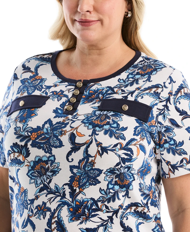 Rafaella Plus Botanical Welt Pocket Button Detail Short Sleeve Top
