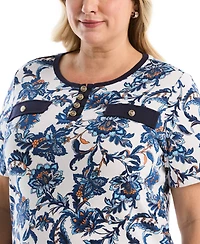 Rafaella Plus Botanical Welt Pocket Button Detail Short Sleeve Top