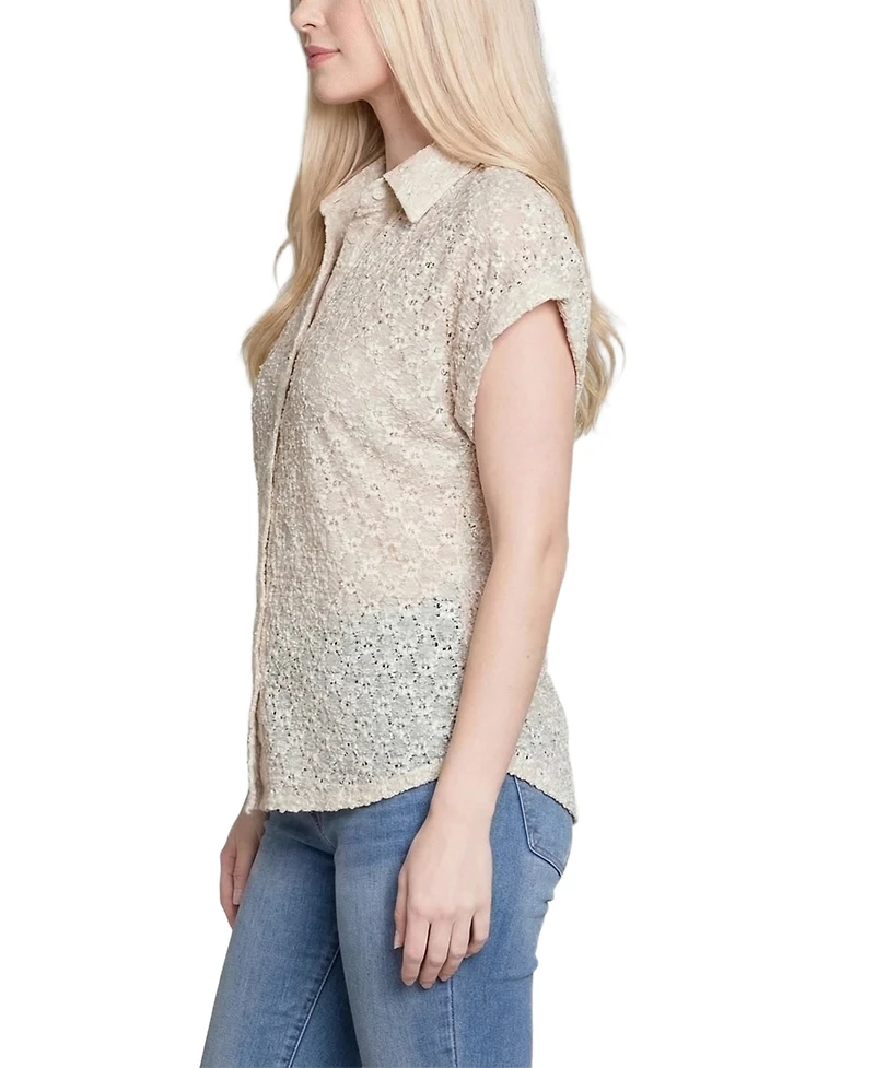 Ny Collection Petite Short-Sleeve Lace Blouse