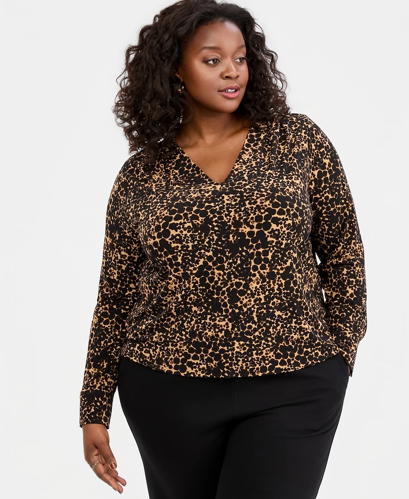 I.n.c. International Concepts Plus Animal Print V-Neck Long-Sleeve Top, Macy's Exclusive