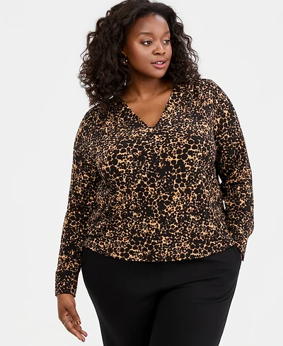 I.n.c. International Concepts Plus Animal Print V-Neck Long-Sleeve Top, Macy's Exclusive