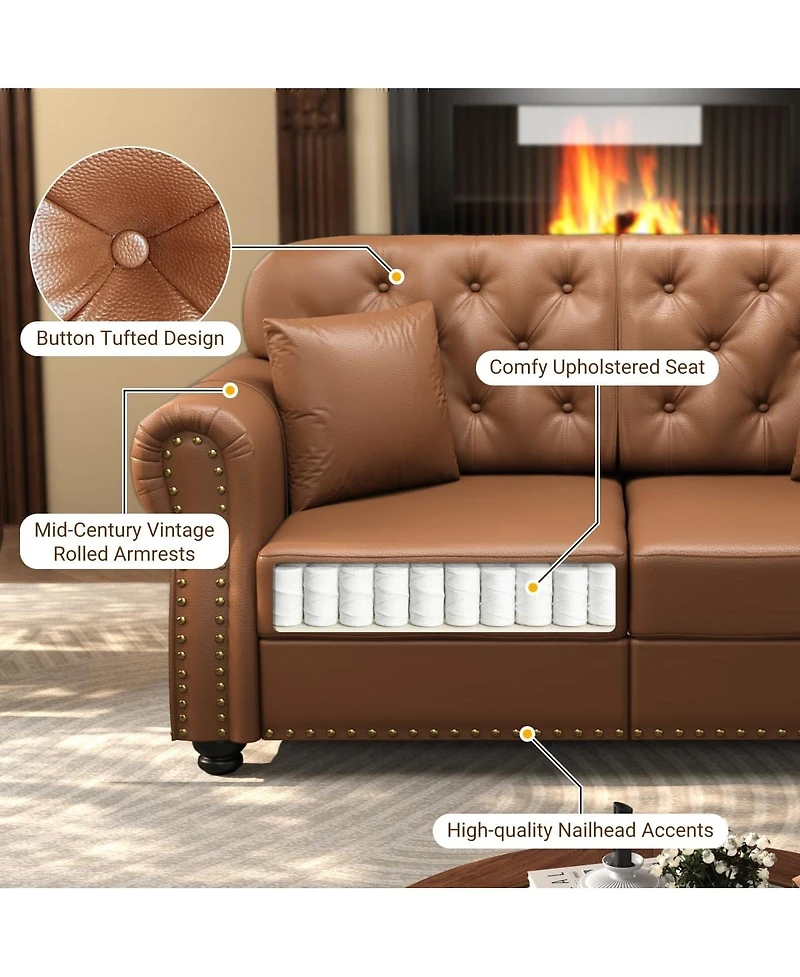 Maison Boucle 41.3'' Faux Leather Sofa Chair and Ottoman Set 2PC, Nailhead Tufted