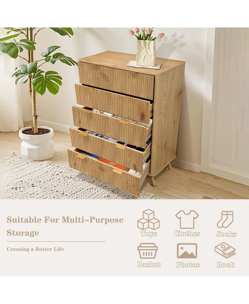 homfan Modern Fluted Drawer Storage Cabinet with Smooth-Glide Drawers and Wide Top, Metal Handles, Sturdy Wood Legs, Anti-Tip Ready, Easy Assembly