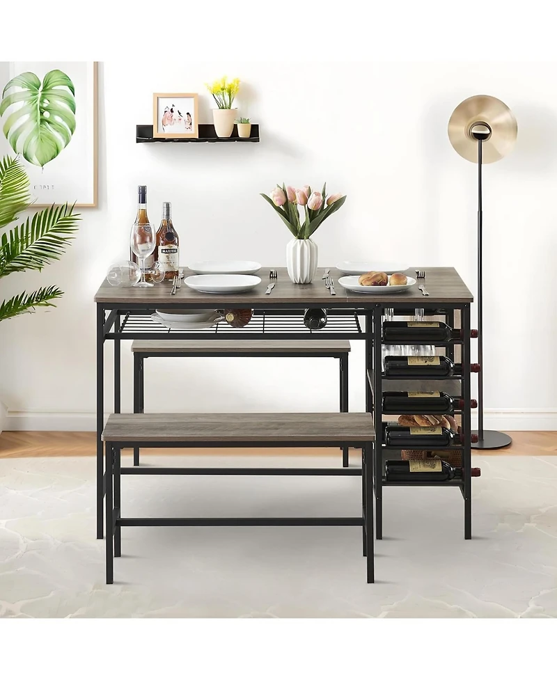 Gaomon 3-Piece Dining Set for 4, Table with 2 Benches, Rack & Storage