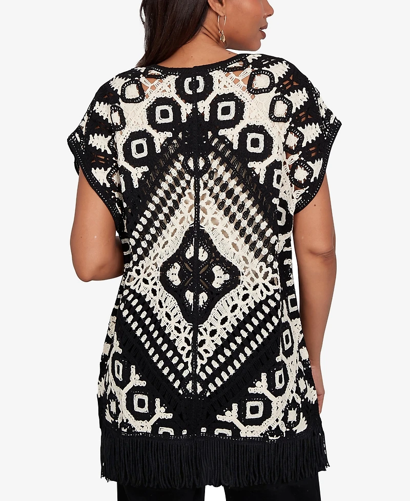 Ruby Rd. Petite Medallion Crochet Fringe Short-Sleeve Cardigan