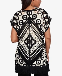 Ruby Rd. Petite Medallion Crochet Fringe Short-Sleeve Cardigan