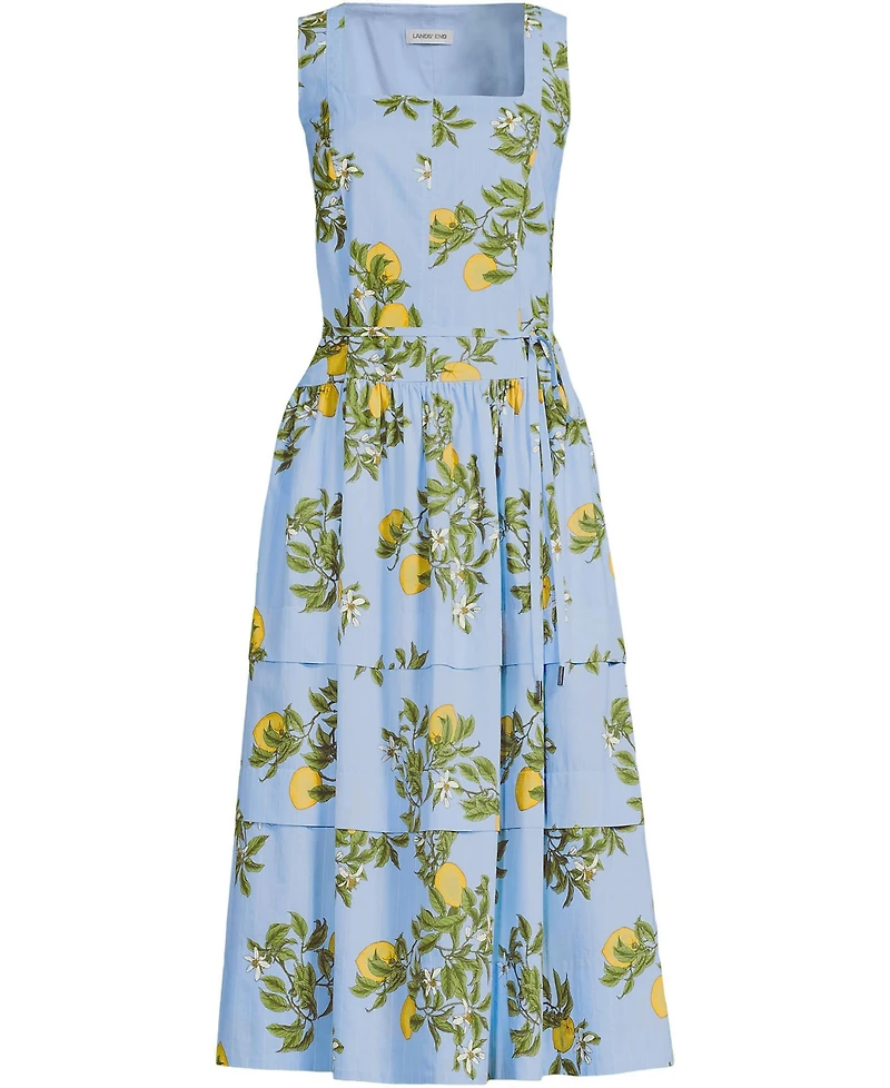 Lands' End Women's Poplin Square Neck Midi Tie Waist Dress