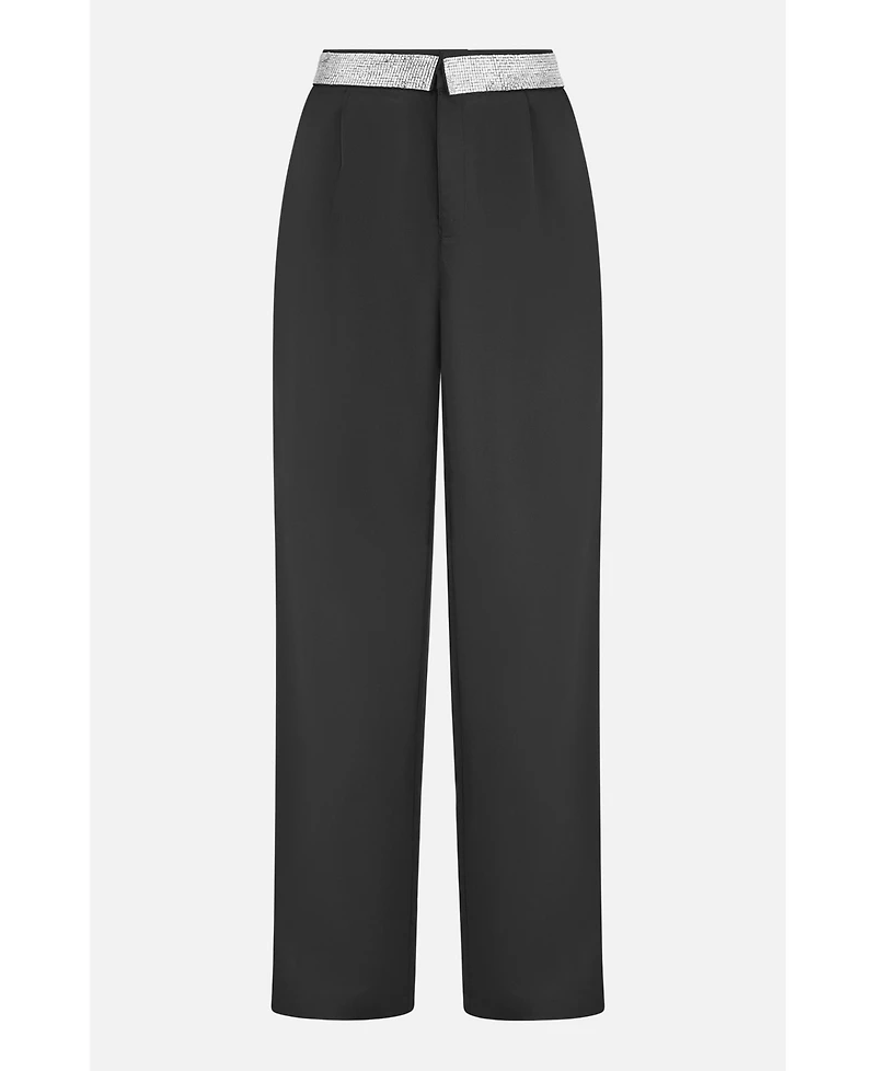 Yumi Women's Diamante Waistband Wide Leg Trousers