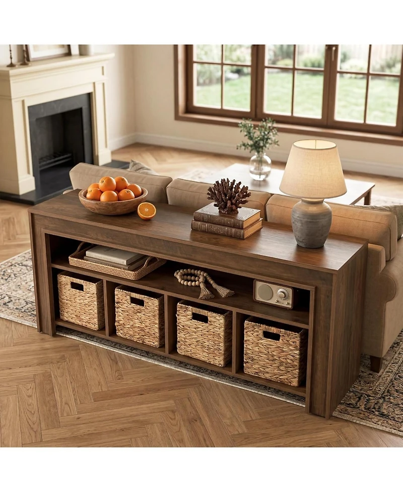 Tribesigns Tv Stand Tvs, Farmhouse Entertainment Center with Storage, Wooden TV Console with 4 Woven Baskets and Open Shelf