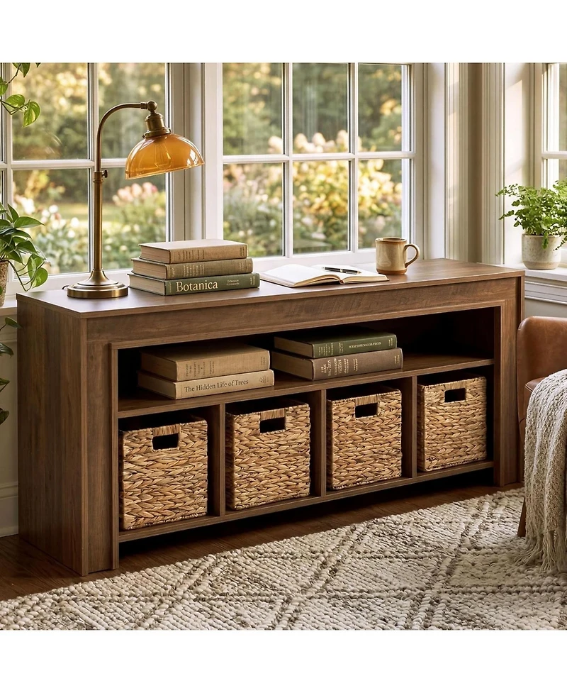 Tribesigns 63" Extra Long Bookcase with 4 Woven Baskets, Farmhouse Low Horizontal Bookshelf Storage Organizer, Long Wooden Cube Cabinet