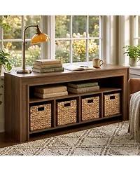 Tribesigns 63" Extra Long Bookcase with 4 Woven Baskets, Farmhouse Low Horizontal Bookshelf Storage Organizer, Long Wooden Cube Cabinet