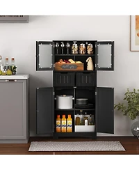 sumyeg 4-Door Freestanding Bathroom Floor Storage Cabinet with Drawers and Glass Doors