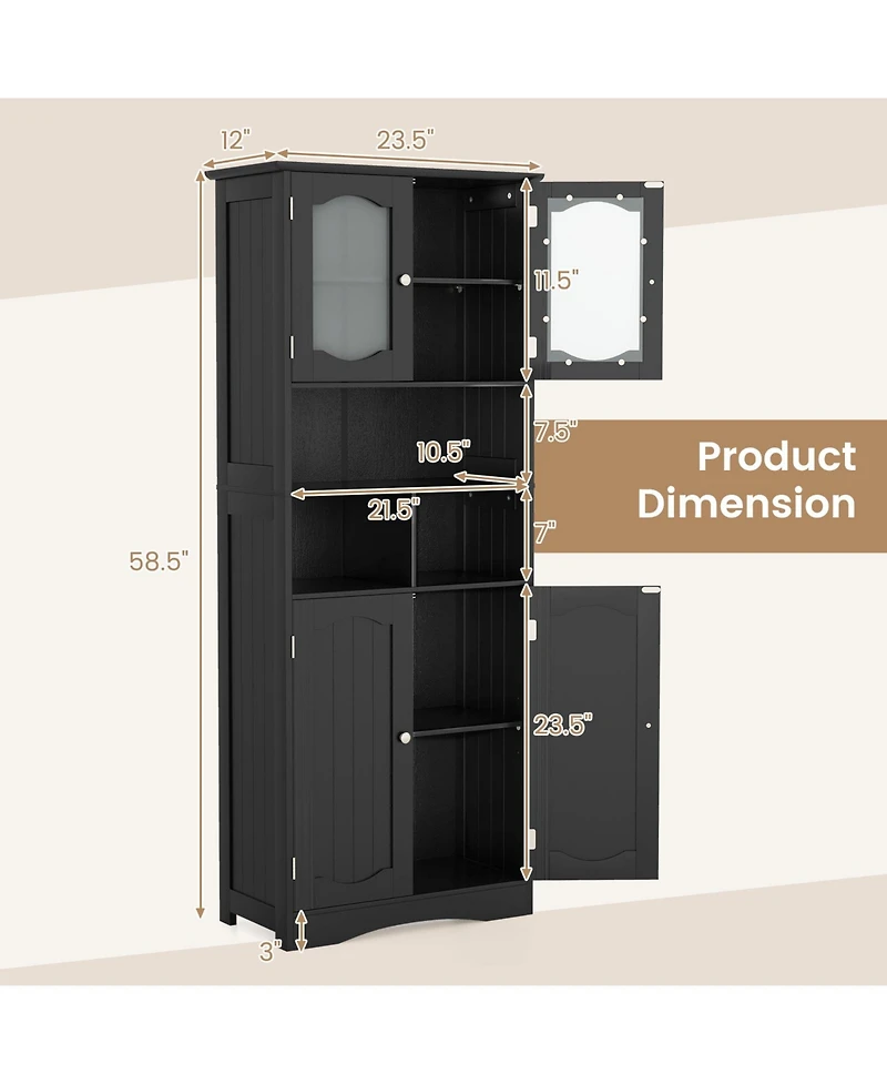 sumyeg 58.5 Inch Freestanding Linen Bathroom Storage Cabinet with Frosted Glass Doors