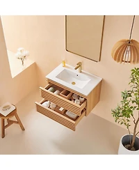 Sillysis Wall Mounted Floating Bathroom Vanity with Ceramic Sink, Fully Assembled Plywood Cabinet, 2 Drawers for Small Spaces