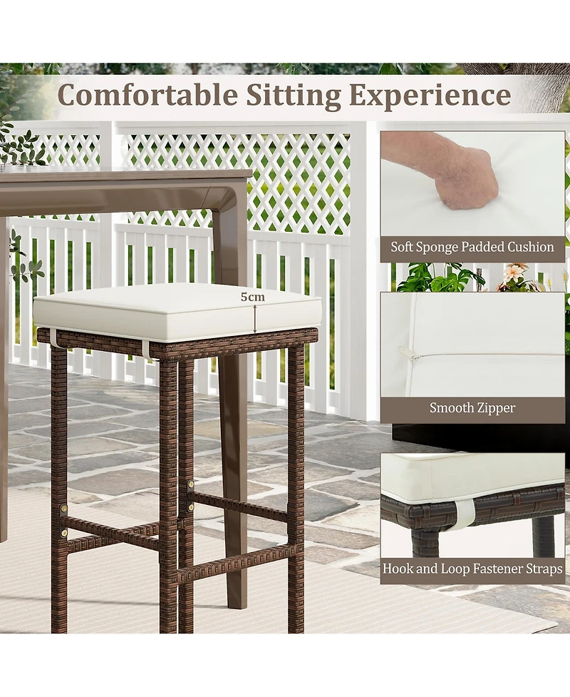 Gymax Set of 4 Wicker Bar Stools with Removable Seat Cushions Footrest