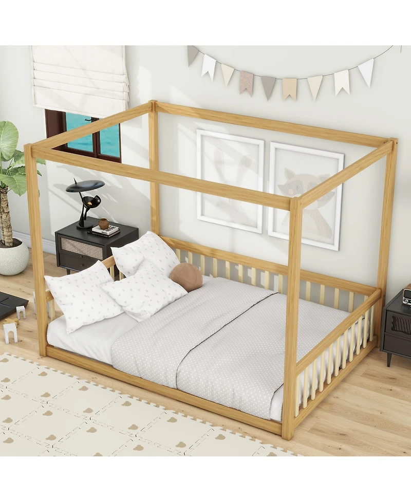 Clihome Full Canopy Frame Rubber Wood Floor Bed with Fence,Guardrails