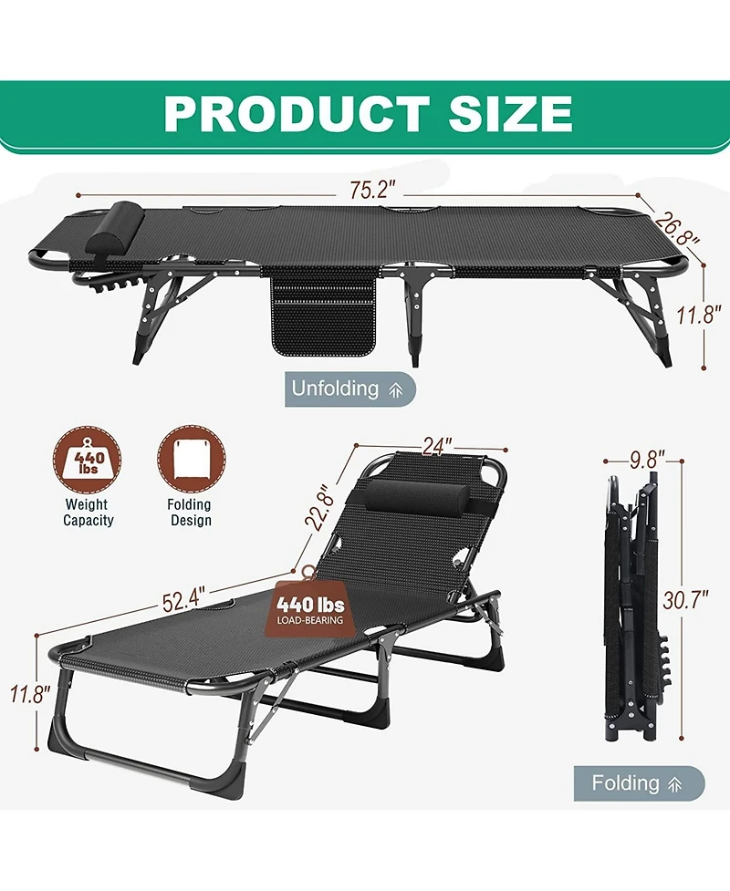Aboron 2 Pack 4-in-1 Sunbathing Lounge Chair with Removable Cotton Cushion, Adjustable, Uv-Resistant, Portable Beach and Pool Chair