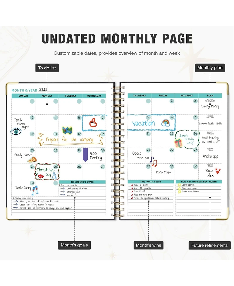Gnuadz Spiral Planner Undated Daily Weekly Monthly Hourly Work Hardcover