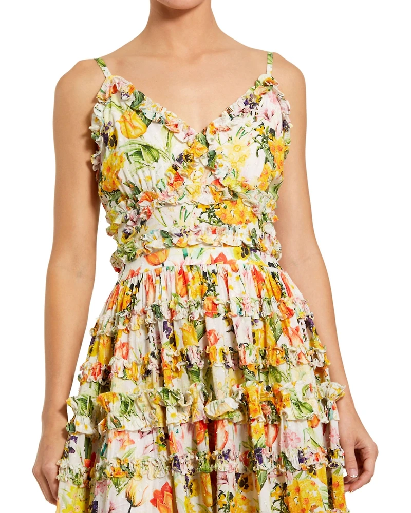 Mac Duggal Women's Floral Print Tiered Ruffle Midi Dress