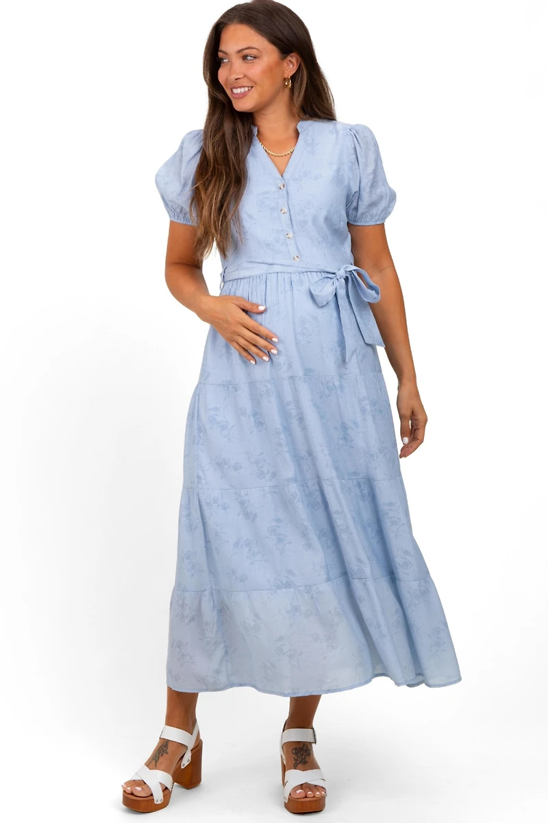 Pinkblush Maternity Light Blue Split Neckline Tiered Midi Dress