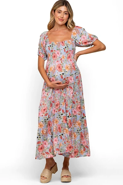 Pinkblush Maternity Blue Floral Smocked Square Neck Tiered Maxi Dress