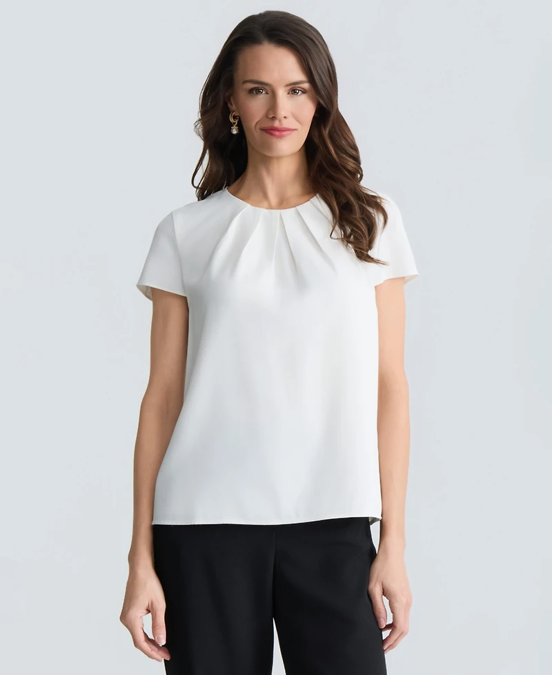 Kasper Women's Cap Sleeve Pleated Neck Top