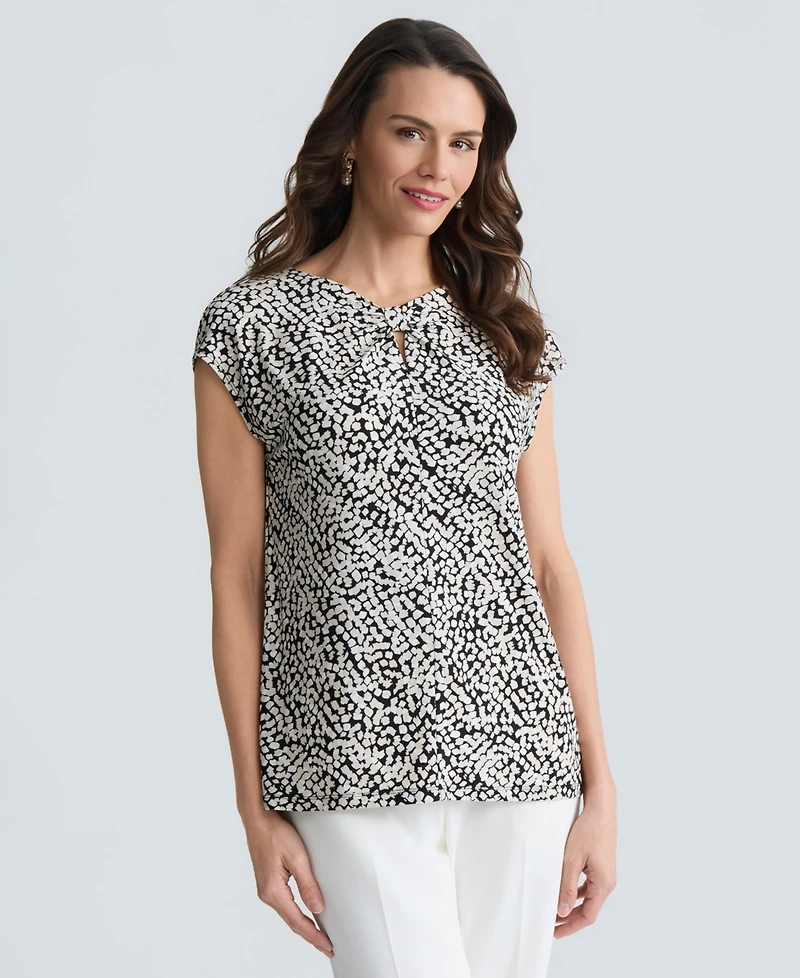 Kasper Women's Cap Sleeve Printed Jersey Knot Neck Top, Regular & Petite