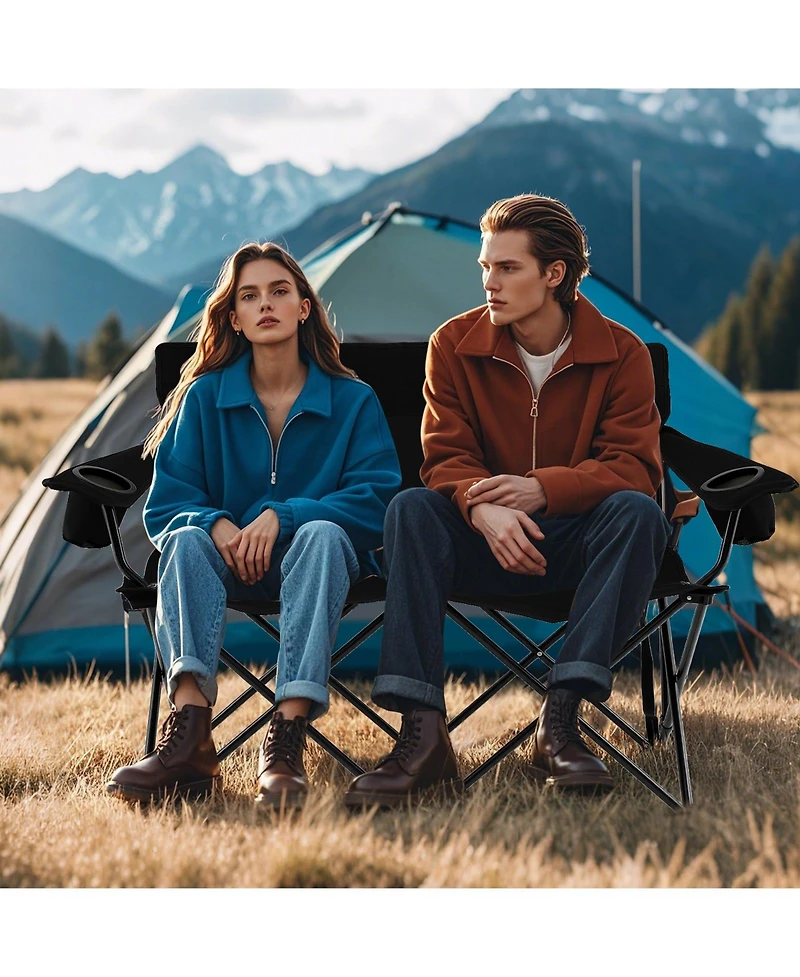 Sugift Double Camping Chair 2-Person Outdoor Folding Loveseat with Cup Holders