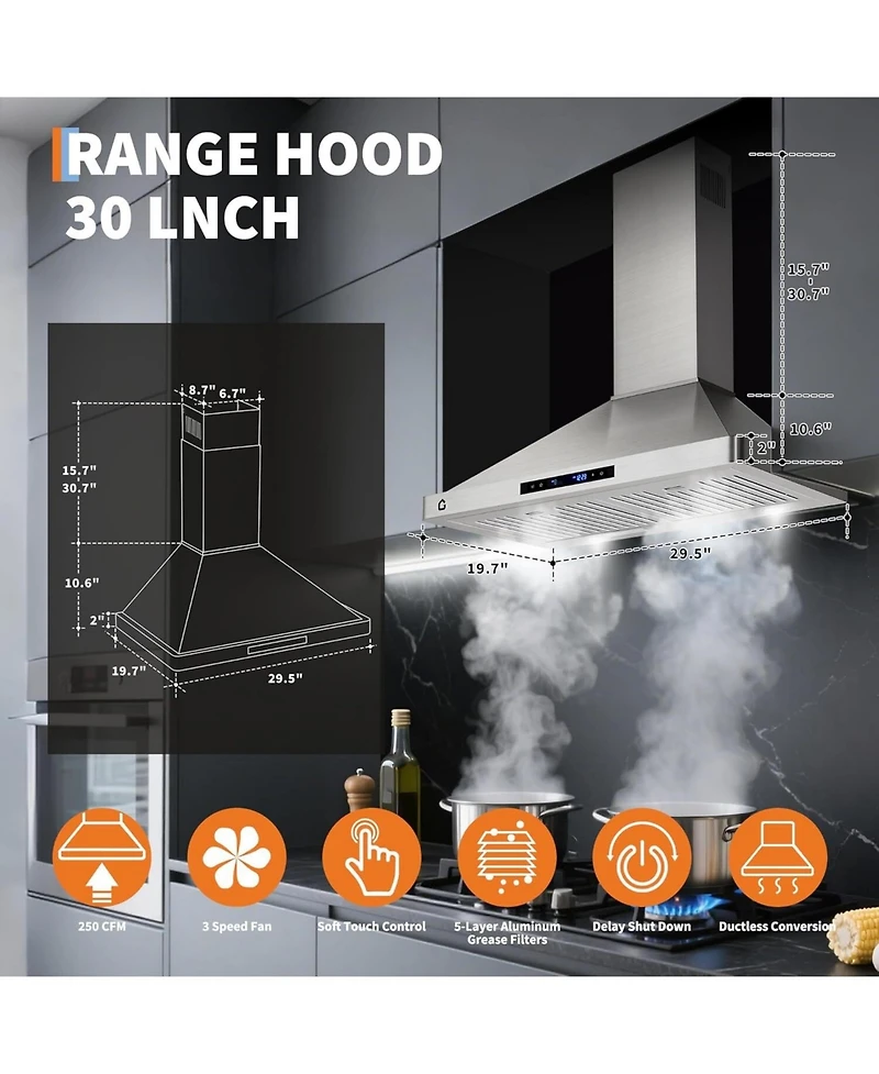 Xo 450 Cfm 30-Inch Stainless Steel Range Hood, Gesture Control+Remote