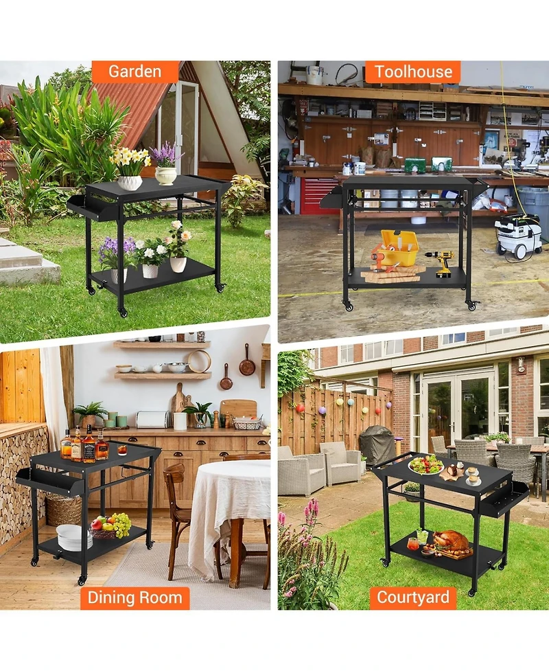 Xo Outdoor Grill Cart with Wheels, 2-Shelf Bbq Prep Table, Pizza Oven Stand, Heavy Duty Metal for Patio Camping
