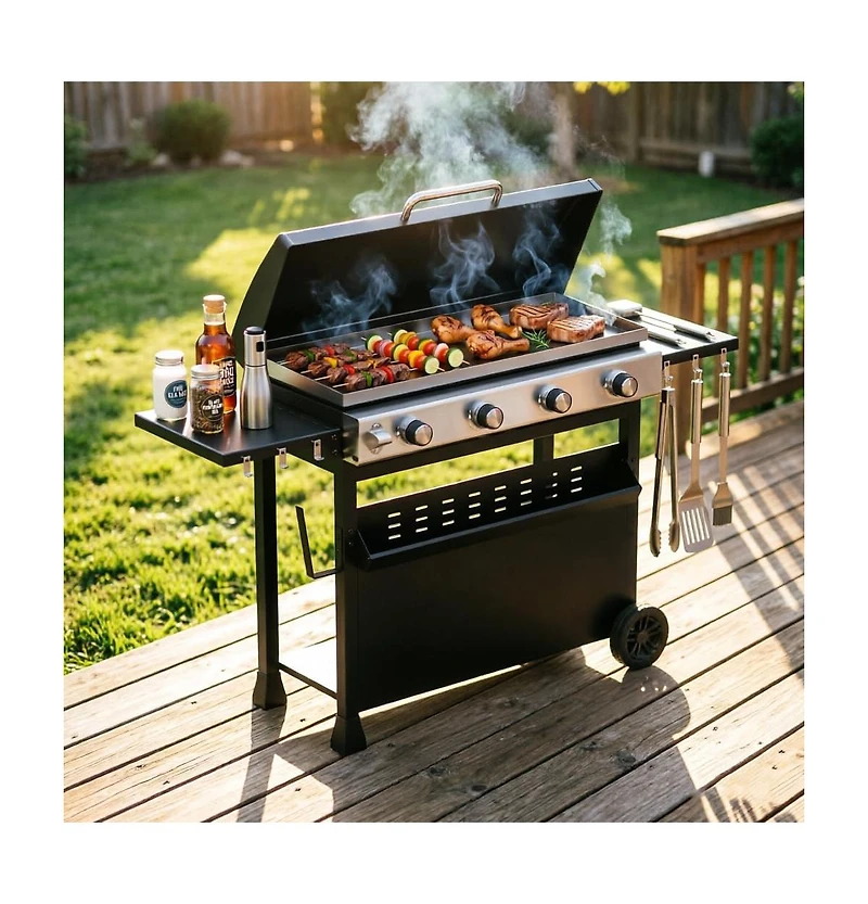 Xo 4-Burner Propane Gas Grill, 32,000 Btu Bbq with Wheels, Side Shelves for Camping Patio