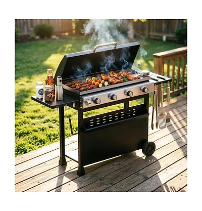 Xo 4-Burner Propane Gas Grill, 32,000 Btu Bbq with Wheels, Side Shelves for Camping Patio