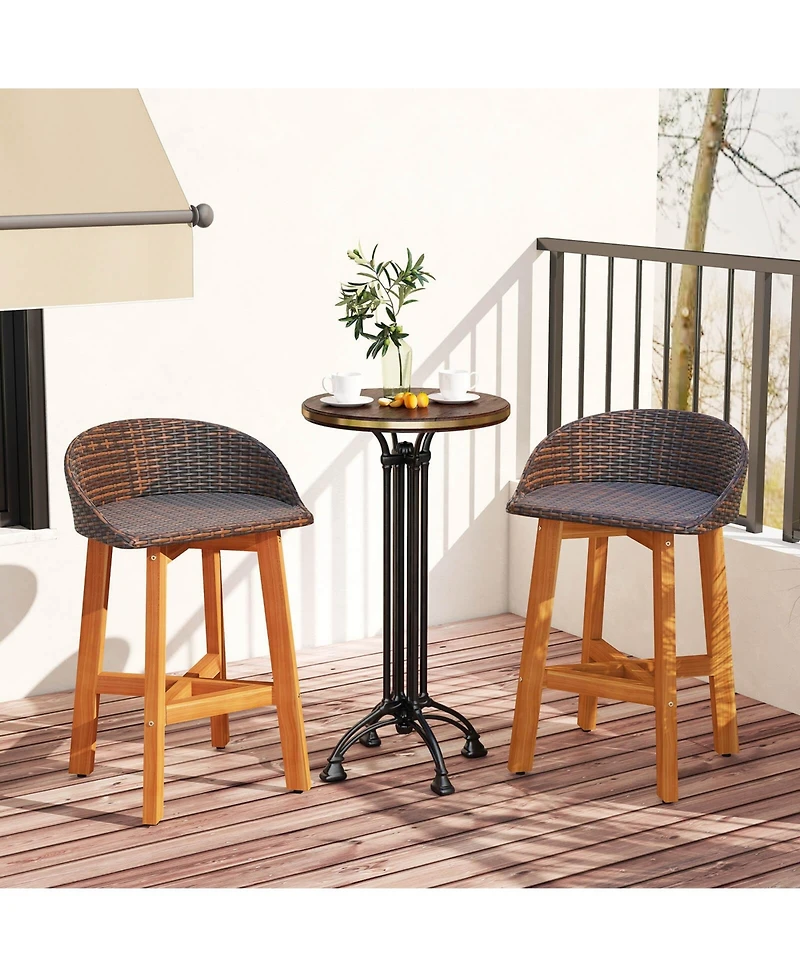 Costway Outdoor Faux Rattan Bar Chairs Solid Acacia Wood Bar Stools for Porch