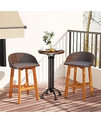 Costway Outdoor Faux Rattan Bar Chairs Solid Acacia Wood Bar Stools for Porch