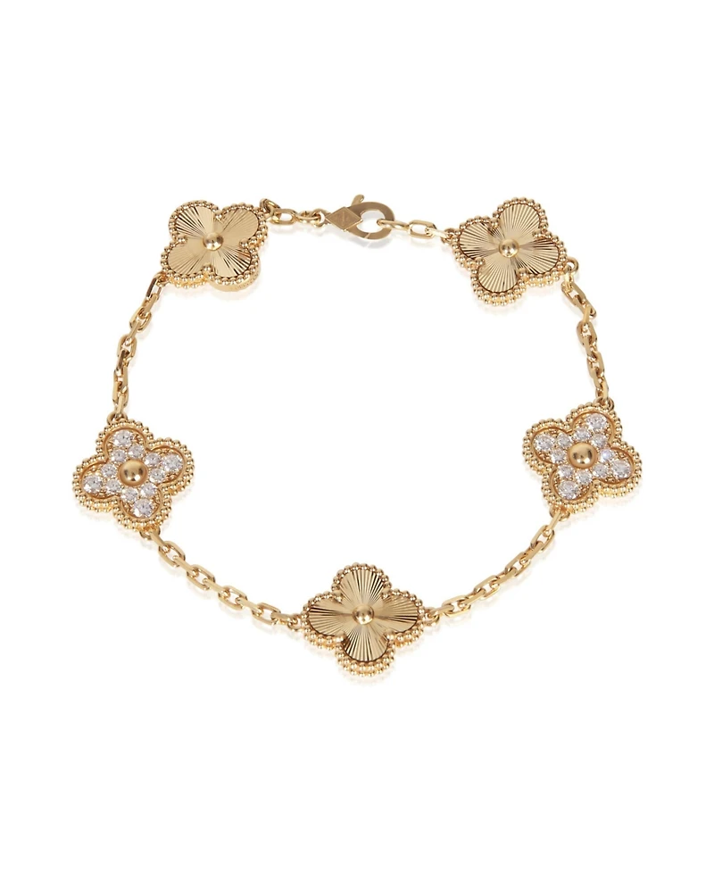Pre-Owned Van Cleef and Arpels Yellow Gold Diamond Vintage Alhambra Bracelet