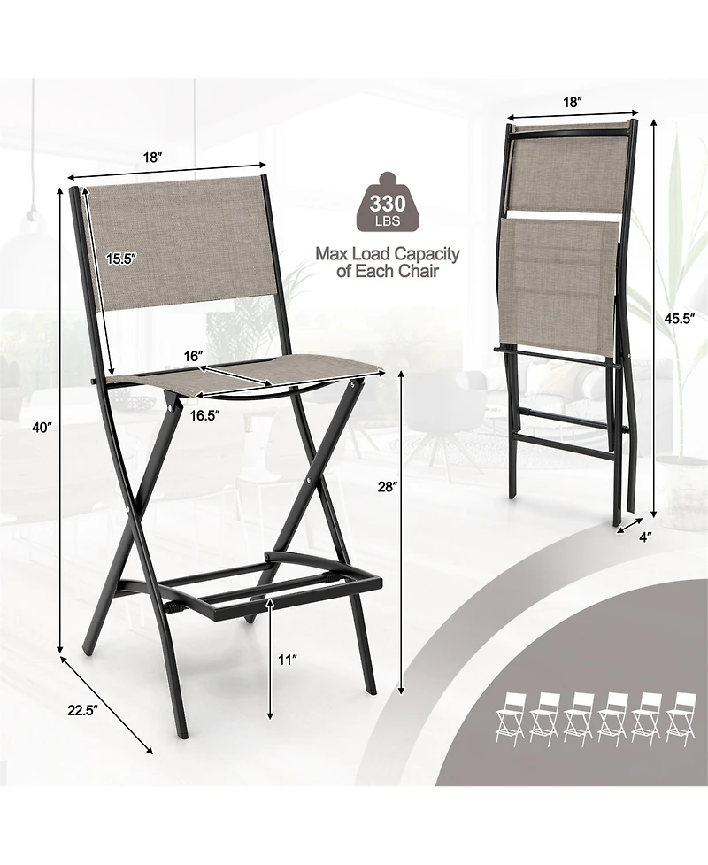 Gymax Folding Bar Stools Set of 6 Patio Sling Chairs with Backrest Humanized Footrest