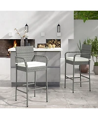 Gymax Set of 4 Rattan Patio Bar Stools Outdoor Bar Height Chairs with Cushions
