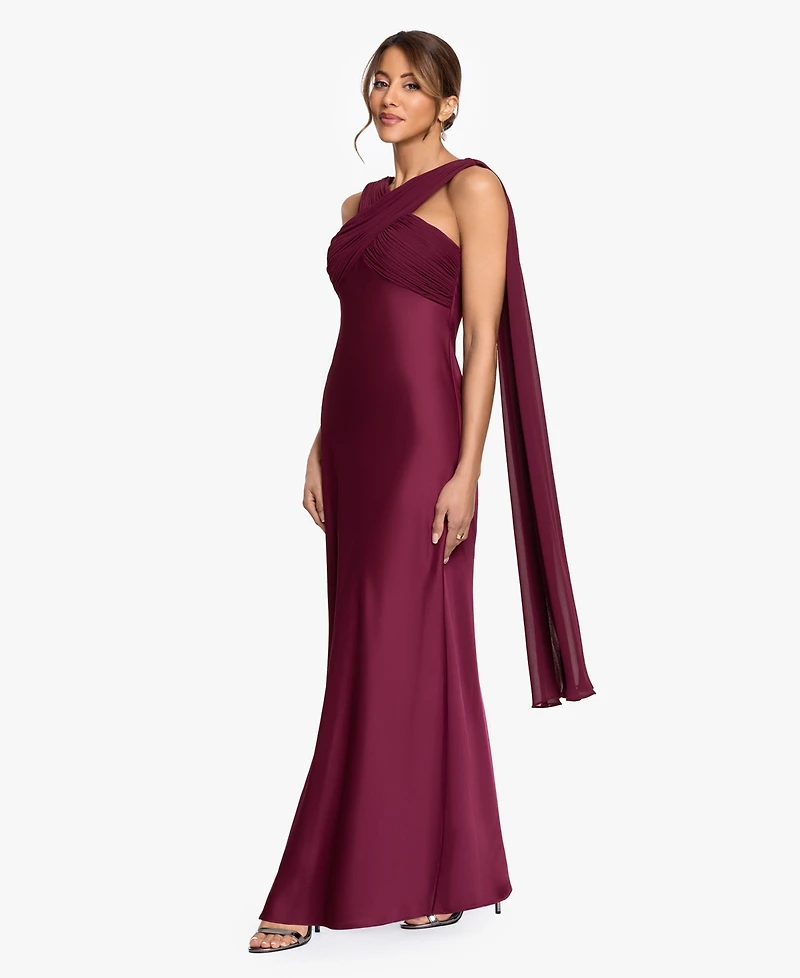 Betsy & Adam Petite Criss Cross Halter Neck Chiffon Cape Ball Gown