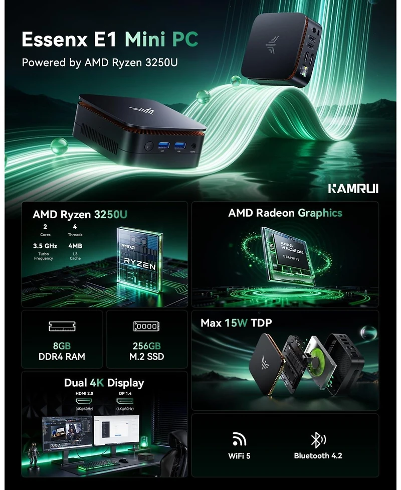 Kamrui Essenx E1 Mini Pc, Amd Ryzen 3250U 8GB DDR4 Ram 256GB Ssd, Dual 4K Support, WiFi/Ethernet for Business, Office, Home