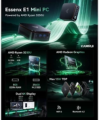 Kamrui Essenx E1 Mini Pc, Amd Ryzen 3250U 8GB DDR4 Ram 256GB Ssd, Dual 4K Support, WiFi/Ethernet for Business, Office, Home
