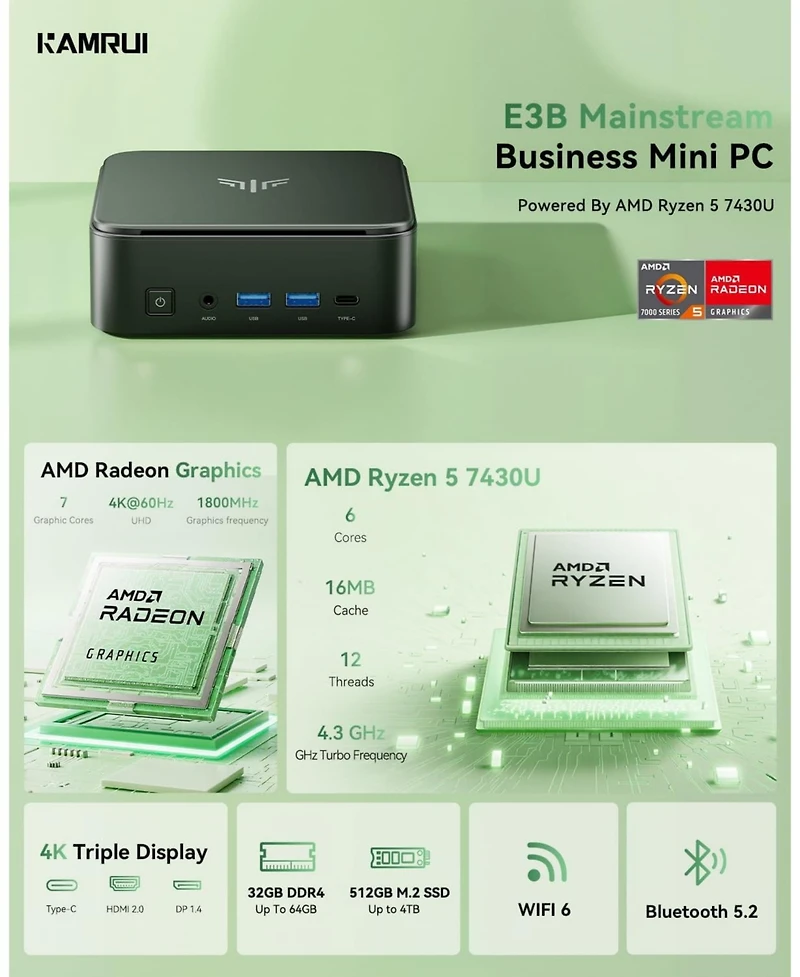 Kamrui E3B Mini Gaming Pc, Amd Ryzen 5 7430U 32GB Ram 512GB Ssd, Triple Display, WiFi6/BT5.2 Triple Display for Office Home