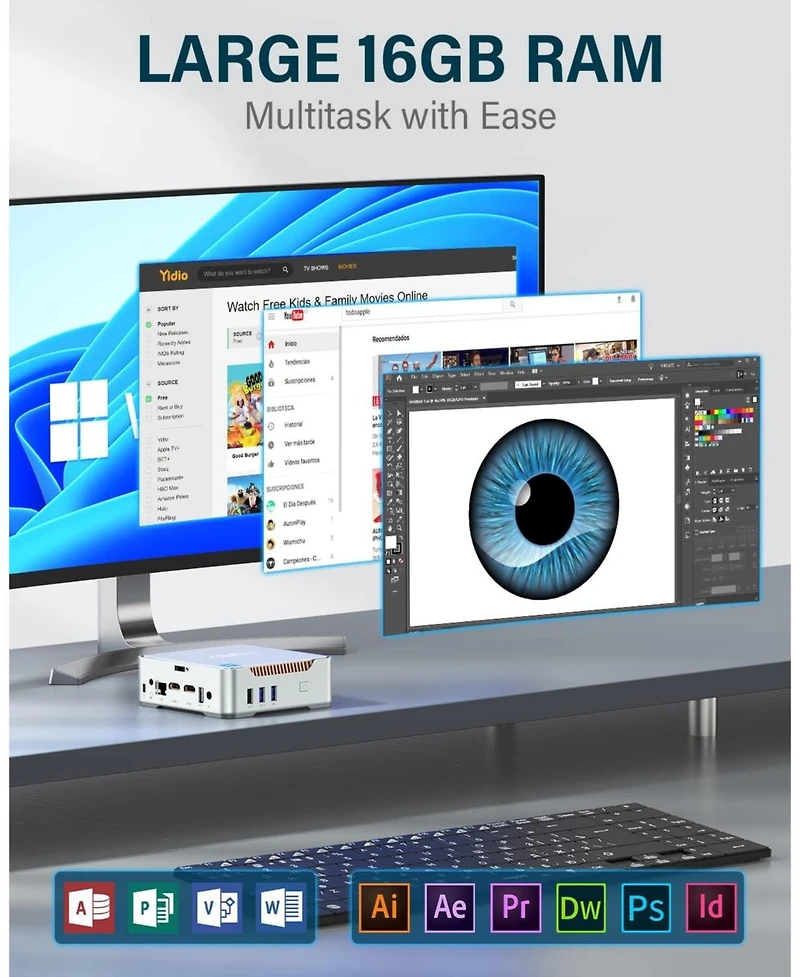 Kamrui GK3Plus Mini Pc, Intel N95 16GB Ram 1TB M.2 Ssd, Triple 4K Display, Gigabit/WiFi/Bt, Vesa /Home/Business Small pc