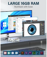 Kamrui GK3Plus Mini Pc, Intel N95 16GB Ram 1TB M.2 Ssd, Triple 4K Display, Gigabit/WiFi/Bt, Vesa /Home/Business Small pc