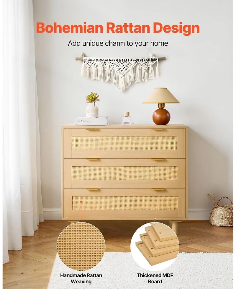 Gouun Drawer Rattan Dresser with Metal Handles and Wooden Legs