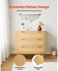 Gouun Drawer Rattan Dresser with Metal Handles and Wooden Legs
