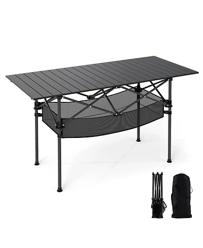 Sugift Patio Folding Camping Table with Roll-up Tabletop and Mesh Basket