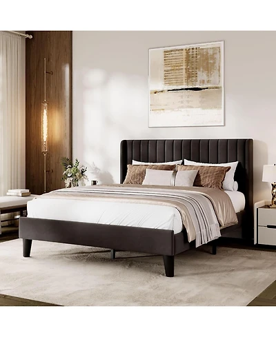 gaomon Size Upholstered Platform Bed Frame with Vertical Channel Tufted Wingback Headboard, Strong Wooden Slats Support