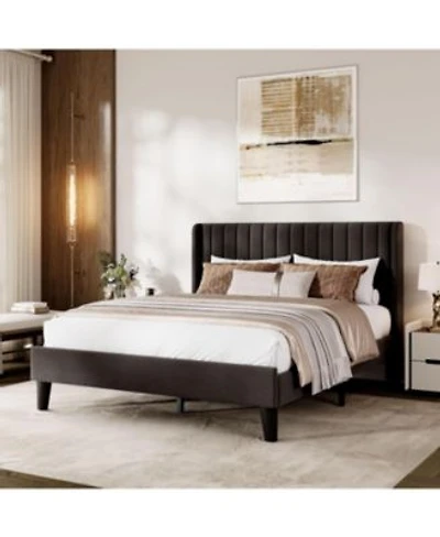 Gaomon Size Upholstered Platform Bed Frame With Vertical Channel Tufted Wingback Headboard Strong Wooden Slats Support No Box Spring Needed
