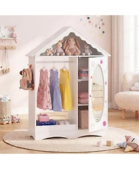 Slickblue Mirror Roof Kids Wardrobe Closet with Open Hanging Rack